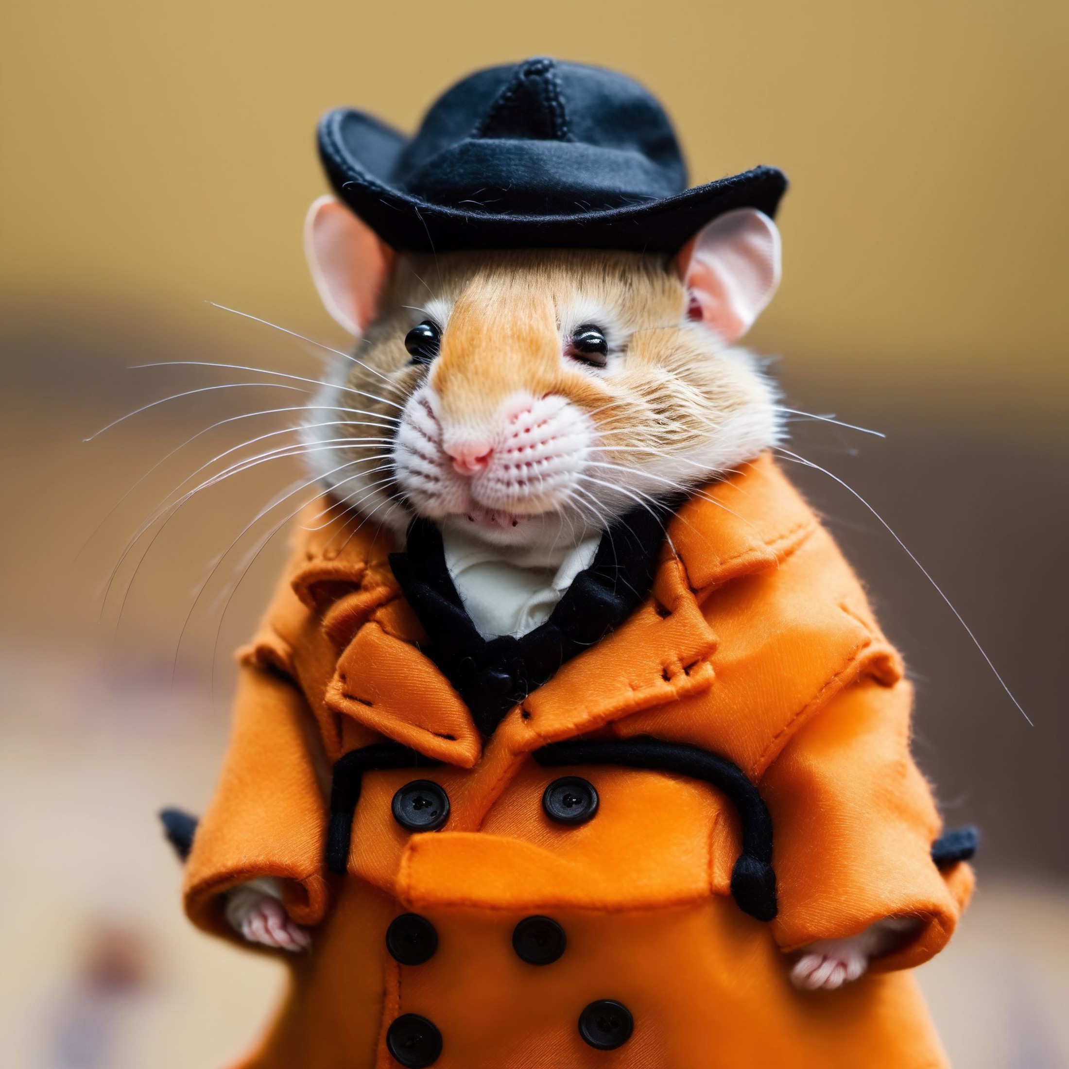 A mouse in an orange trench coat and a black hat, <lora:[XL]rat:1>